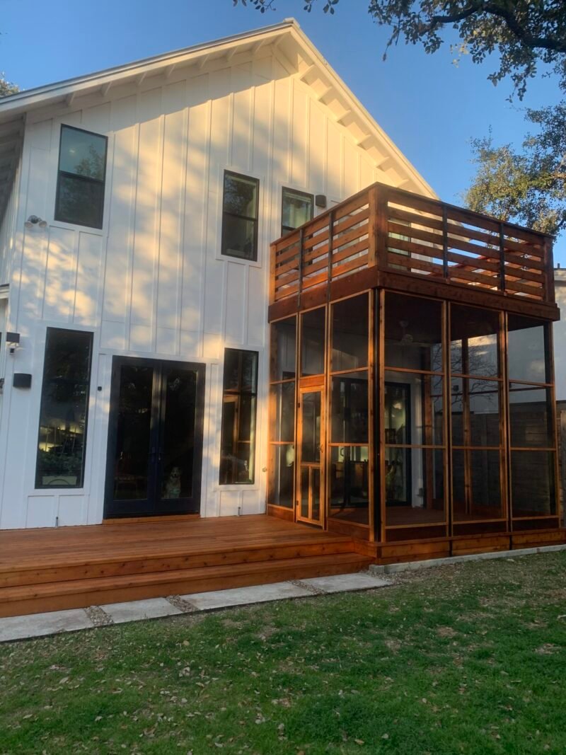 Western red cedar multi level screened in porch for modern outdoor living